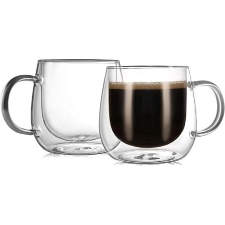 10 oz dobbeltveggede kaffekopper i glass (2-pakning), transparente med håndtak, perfekt for servering av latte, te og espresso.