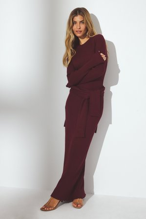NA-KD Robe longue en maille côtelée - Robes de Noël - Bordeaux - XL
