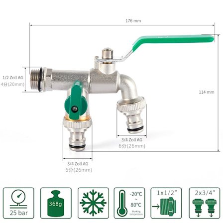 Havevandhane, 1/2 dobbelt udtag hane, messing, rust- og frostbestandig, med 2 3/4 udtag, 1 vandtæt strop med tromle, Dobbelt tilslutning og 