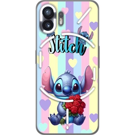 Kompatibel Mobilcover til Nothing Phone (2) Romantisk illustration af Stitch der holder røde roser mod stribet baggrund