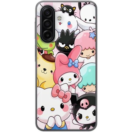 Kompatibelt Mobildeksel til Samsung Galaxy A17 5G Tett mønster av søte figurer med store øyne i ulike farger og uttrykk med LABUBU-tekst