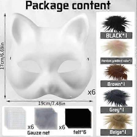 Kattemaske med pels og netøje, tomme papirmasker til DIY, hvide malepapirmasker, kattemaske til DIY Halloween Mardi Gras-fest_tfrf
