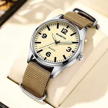 LIGE herreklokke, lysende analog, kronograf, nylonrem, vanntett