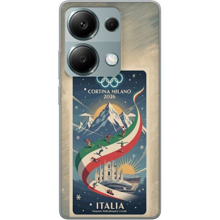 Yhteensopiva Puhelinkuori Xiaomi Redmi Note 13 Pro 4G Mäkihyppykuvitus, jossa hiihtäjä tähtää kiväärillä lumisella radalla, teksti Milano Cortina 2026