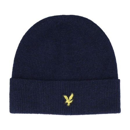 Lyle & Scott - Blå cuff Beanie - Lambswool Blend Ribbed Beanie Dark Navy Marl Cuff @ Hatstore