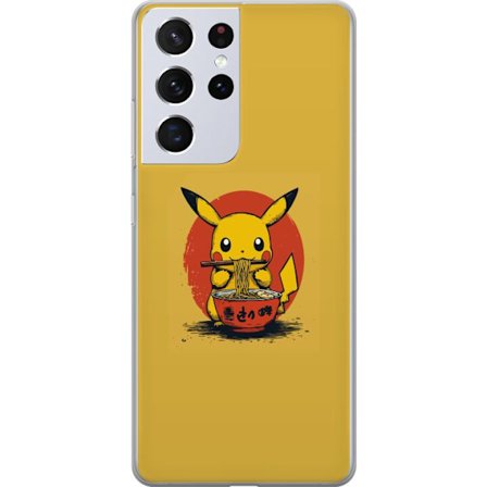 Kompatibelt Mobilskal till Samsung Samsung Galaxy S21 Ultra 5G Pikachu animefigur som äter ramen i japansk stil mot en gul bakgrund, ett trendigt mot