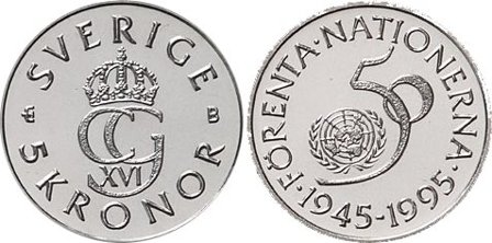 Sverige 1995 - Forenede nationer 50 år - 5 kr. kobber nikkel