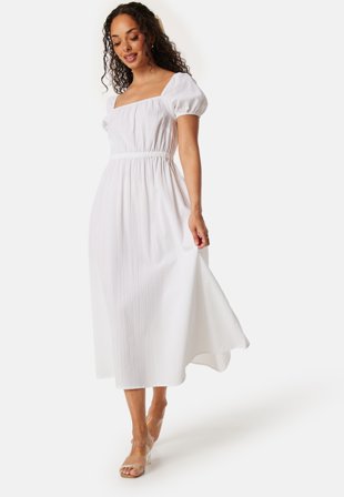 Bubbleroom - Puff Sleeve Cotton Dress - White - Kläder