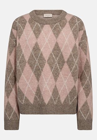 Freequent - Stickad tröja med rutmönster - beige / rosa / mönstrad - för damer - S (38) - Cellbes