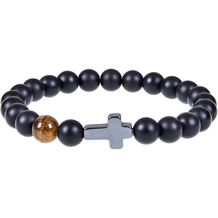 Frostet Tigerøye Steinkors Armbånd med Retro Blandet Perle Design for Mote Atmosfære Enkelt Element, Matt Justerbar Størrelse et Must-Have Armbånd