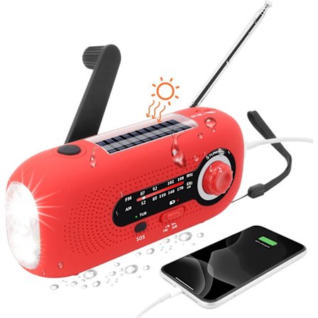 Solar Dynamo Radio, Solar Radio med SOS larm för nödsituationer, IPX3 vattentät radio, AM/FM vevradio, ficklampa, 2000mAh batteri (röd)