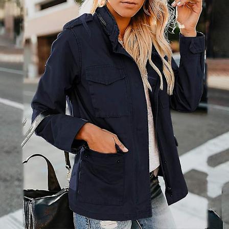 Dame Snap-Knap Militærjakke Streetwear Efterårsjakke Lang Sl Mørkeblå Mörkblå S