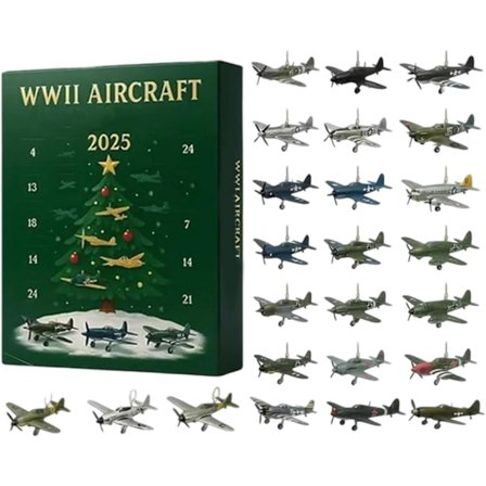 WW-II Fly Advent Kalender 2025, 24 Dages Jule Nedtællingskalender med 24 Unikke Miniature Jagerfly til Modelsamlere, Historieinteresserede