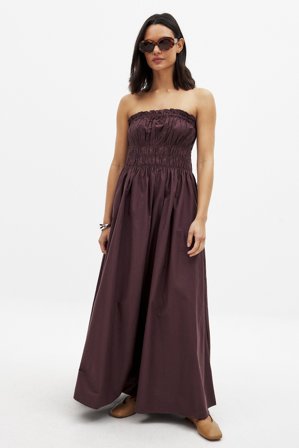 NA-KD - Bandeau-midikjole i bomull med rysjer - Stroppeløs kjoler - Brun - EU 34