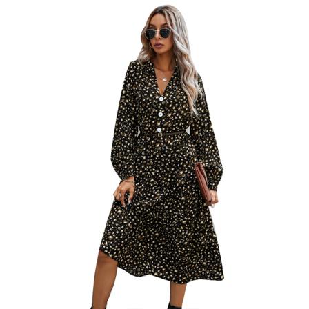 Winter Leopard Print Klänning Kvinnor Ol V-ringad Långärmad Elegant