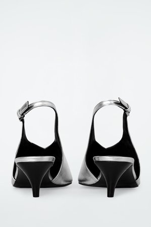 COS Women's Pointed Leather Slingback Kitten Heels in Silver-coloured