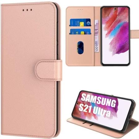 Etui til Samsung S21 Ultra (6,8") Pink Anti-Shock ensfarvet tegnebog lædereffekt blød kortholder Rosa