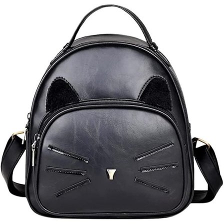 Kattemorhårsrygsæk | Lille damerygsæk + Rejsetaske eller pung Retro PU-læder (sort)