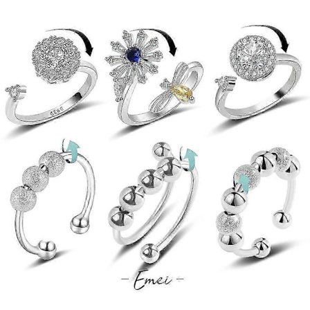 6 stk. Antistress-ring for kvinner, justerbare åpne ringer, roterbare ringer, beroligende humørringer, cubic zirconia diamantringer, SZRH
