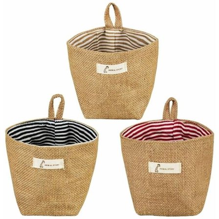 3-pack hängande förvaringskorgar i bomull, hopfällbara, förvaringspåsar, papperskorg för väggdörrsgarderob (randig)