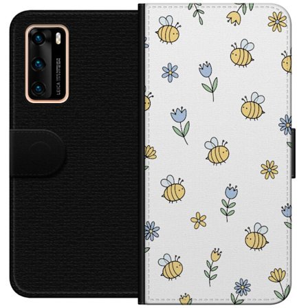 Kompatibelt Lommeboketui til Huawei P40 Mønster med gule bier og små blomster på lys bakgrunn i leken stil