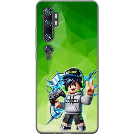 Kompatibel Mobilcover til Xiaomi Mi Note 10 Pro Roblox-inspireret gamerfigur med headset, controller og energiske effekter mod grøn baggrund