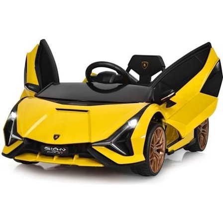 COSTWAY Elbil 12V för Barn 3-8 År, 2 Fjärilsdörrar, Ljud- och Ljus Effekter, 108x64x41cm, Gul