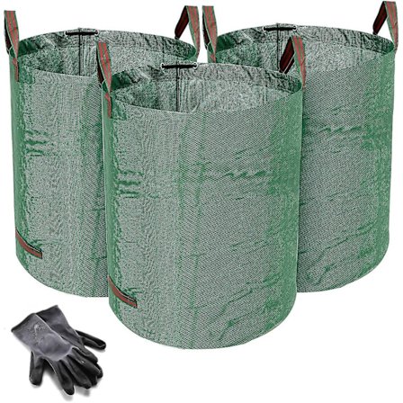 Stærke Haveaffaldsposer - 272 Liter - 3 Sække - Bonus 1 Par Havehandsker - Industrielt Stof Og Håndtag - Grøn/haveaffaldsposer, Genanvendelige