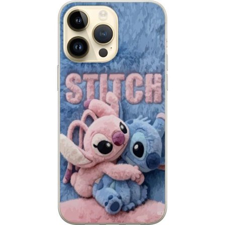 Apple iPhone 14 Pro Max Gjennomsiktig deksel Søte fluffige Stitch og Angel koser seg på en myk, pelsete overflate med pastellfarger som skaper en va
