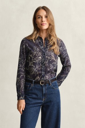 GANT Damen Regular Fit Bluse aus Baumwolle und Seide mit Blumen-Print (40) Marineblau