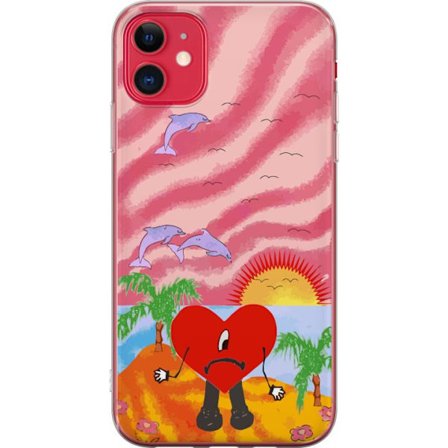 Kompatibelt Mobildeksel til Apple iPhone 11 Bad Bunny i en fargerik quiltet jakke med hjertemønster og solbriller i moderne gatestil