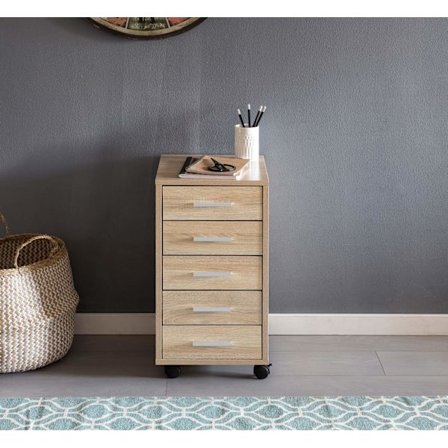 Rootz rullebeholder Sonoma 33 x 63 x 38 cm træskuffeskabsbord - Kontorskab med 5 skuffer - Beholderrulleskab lille Stand Beholder smal - Skrivebordsbe