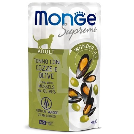Monge Supreme Pezzetti di Tonno con Cozze Olive Cibo Umido Gatti