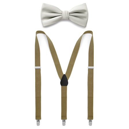 Light Grey Pre-Tied Bow Tie & Olive Green Braces Set for Men - Bow Tie Sets