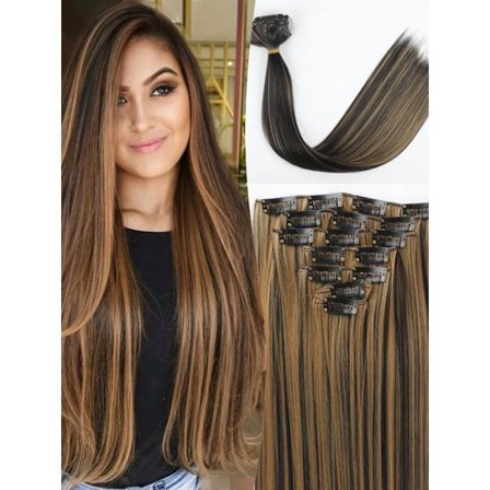 24 tum 16 klipp i hårförlängningar Lång rak frisyr Syntetiskt blond svart hårstrån Värmebeständigt löshår