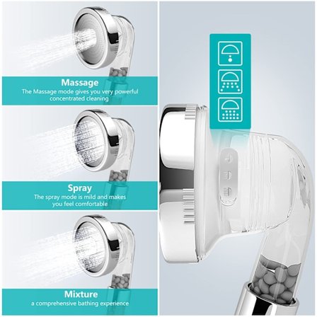 Duschhuvud med Kraftfullt Flöde och Pärlfilter, Tryckhöjande Duschhuvudspray med 3 Lägen, Vattenbesparande Bad för Vuxna och Barn