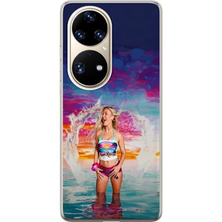 Yhteensopiva Puhelinkuori Huawei P50 Pro Vaalea nainen kirjavia rantavaatteita pelaa meressä auringonlaskun aikaan