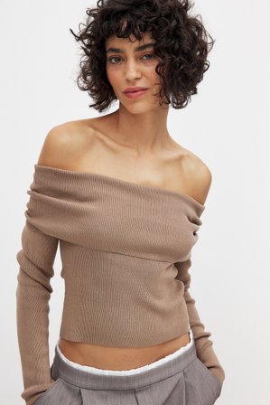 NA-KD Folded Offshoulder Knitted Top - Off shoulder-toppe - Brun - L