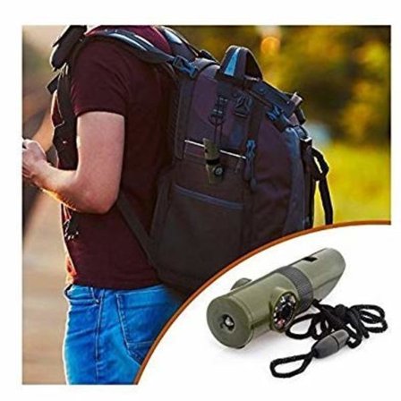 Campingvisselpipa med termometer, kompass, termometer, ficklampa, förstoringsglas, överlevnadskit för nödsituationer