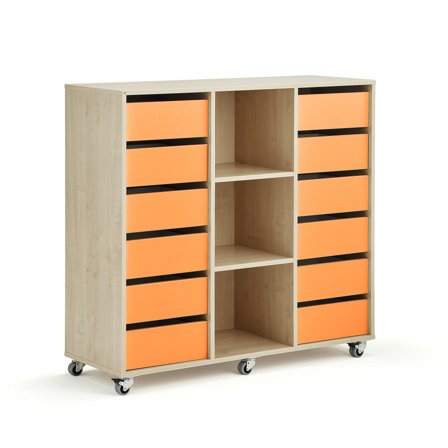 Student storage CASPER, 12 drawers, 3 compartments, birch, orange