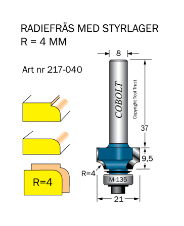 Cobolt 217-040 Avrundningsfräs R=4 D=21 L=9,5, Fräsa & hyvla
