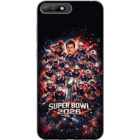 Yhteensopiva Puhelinkuori Huawei Y6 (2018) Super Bowl 2026 juliste, jossa New England Patriots ja NFL-mestaruuspalkinto räjähtävän urheilullisessa suu