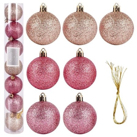 Sett med 7 holdbare, glitrende rosa julekuler