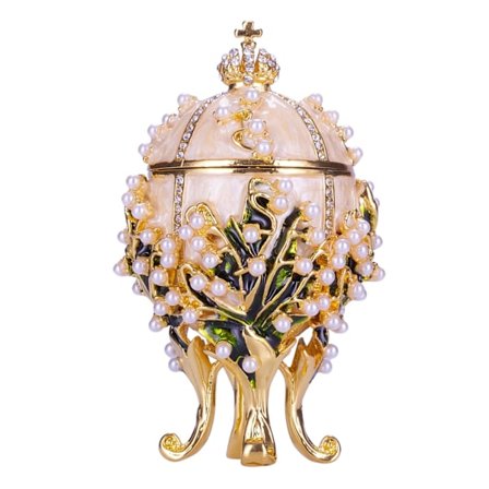 Faberge stil æg Liljer af dalen Smykkeskrin med kejserkrone 8,5 cm creme