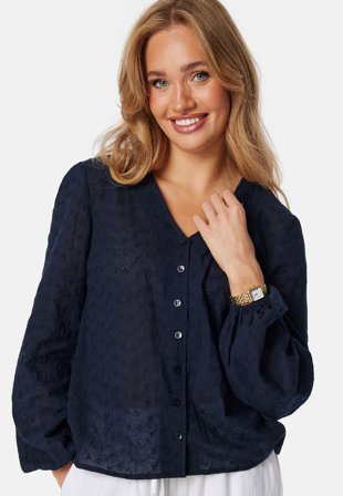Happy Holly - Broderie Anglaise V-Neck Blouse - Navy