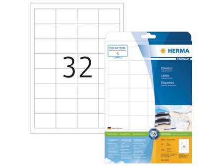 Herma Premium - Papir - matt - permanent selv-adhesiv - hvit - 48.3 x 33.8 mm 800 etikett(er) (25 ark x 32) laminerte etiketter