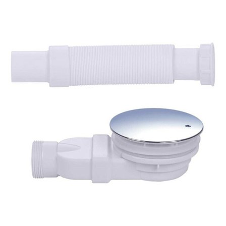 Bruseafløb 90 mm, krombelagt dæksel, ekstra fladt, afløbshul til brusebakke, sifon med antiluftsystem, hårfang, fleksibel slange KLB