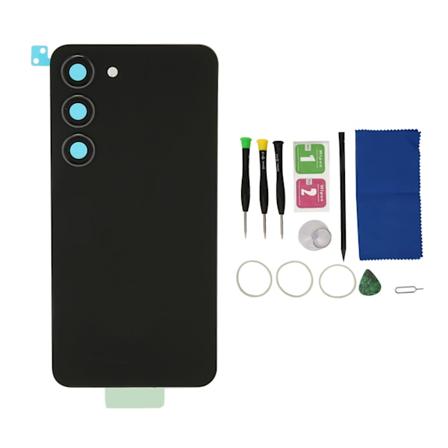Bagglas udskiftning cover case med forudinstalleret kameralinse klæbende reparationsværktøjssæt til Samsung Galaxy S23 sort