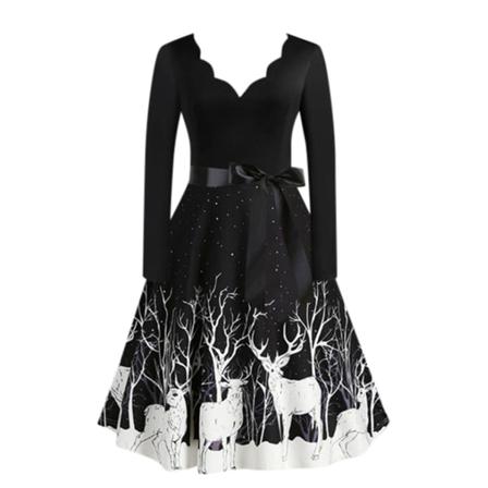 Julklänning Dam Slim Fit Midi Print Flare V-neck Klänningar Black Xxl