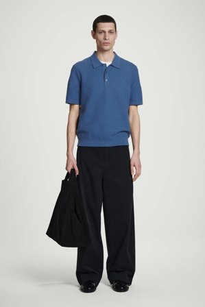 COS Men's Textured Knitted Cotton Polo Shirt in Blue
